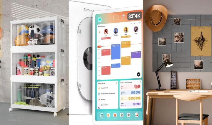 Collage of home organization tools featured in "3 Simple Organizing Principles" — stackable storage bins, a touchscreen family calendar, and a felt bulletin board for an organized, functional home