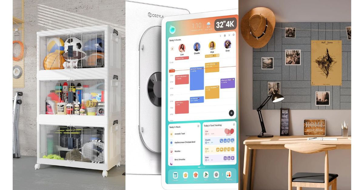 Collage of home organization tools featured in "3 Simple Organizing Principles" — stackable storage bins, a touchscreen family calendar, and a felt bulletin board for an organized, functional home