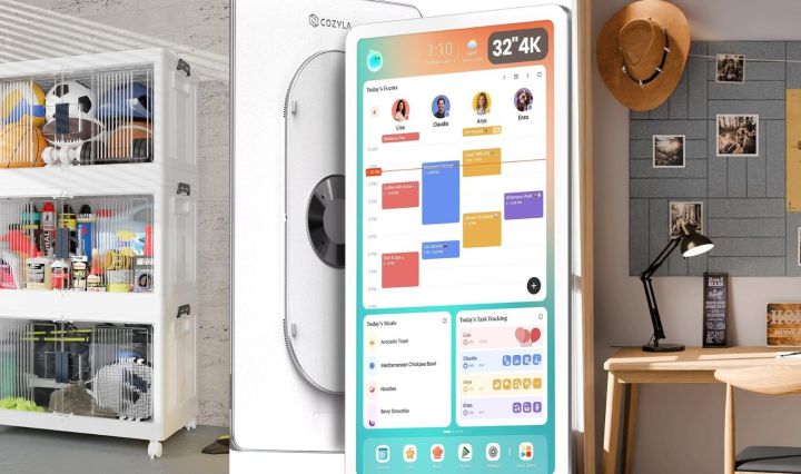 Collage of home organization tools featured in "3 Simple Organizing Principles" — stackable storage bins, a touchscreen family calendar, and a felt bulletin board for an organized, functional home