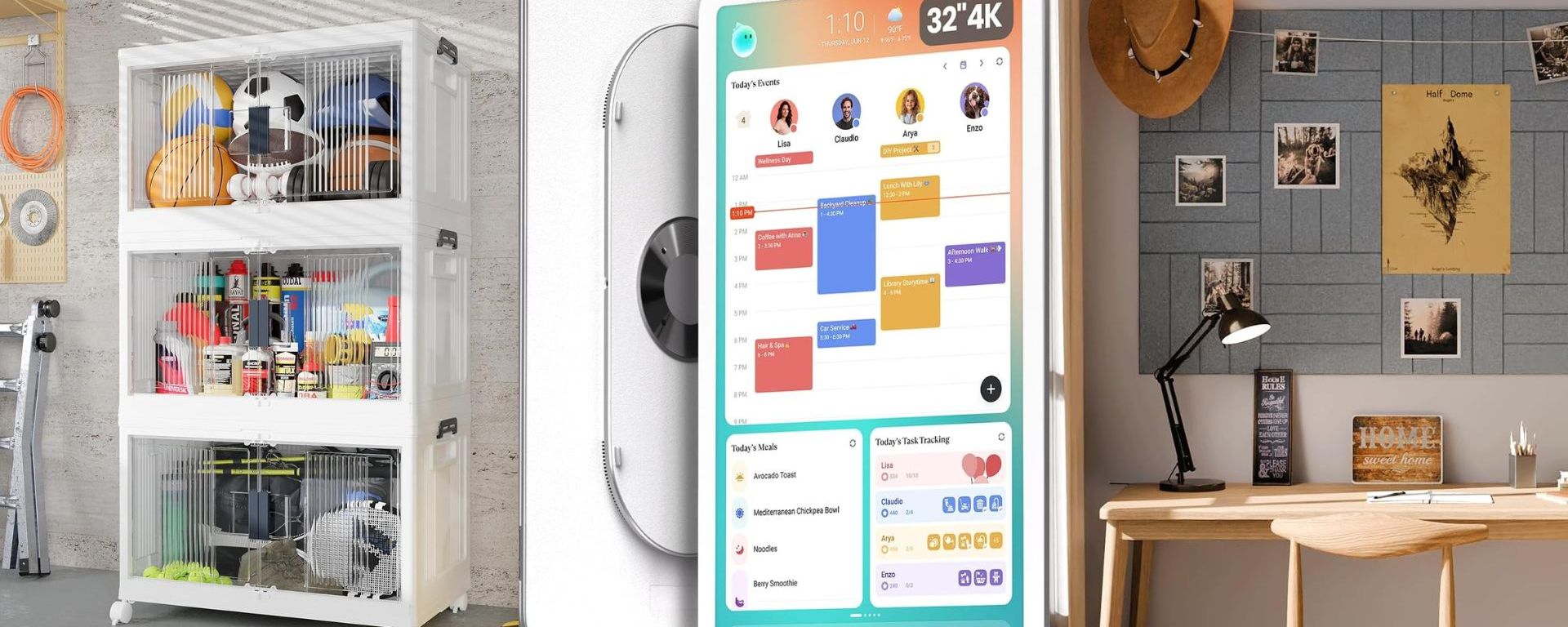 Collage of home organization tools featured in "3 Simple Organizing Principles" — stackable storage bins, a touchscreen family calendar, and a felt bulletin board for an organized, functional home