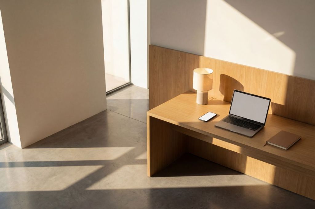 Sunlit home office desk with a lamp, laptop, and notebook