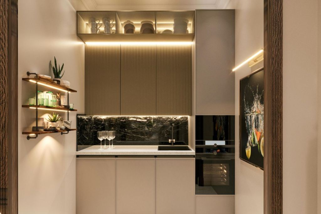 Kitchenette with LED strip lighting under cabinets and shelves