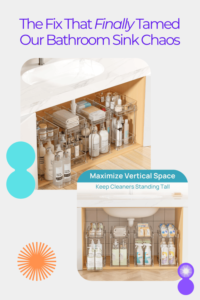 Clear pull-out under sink organizer bins for bathroom storage