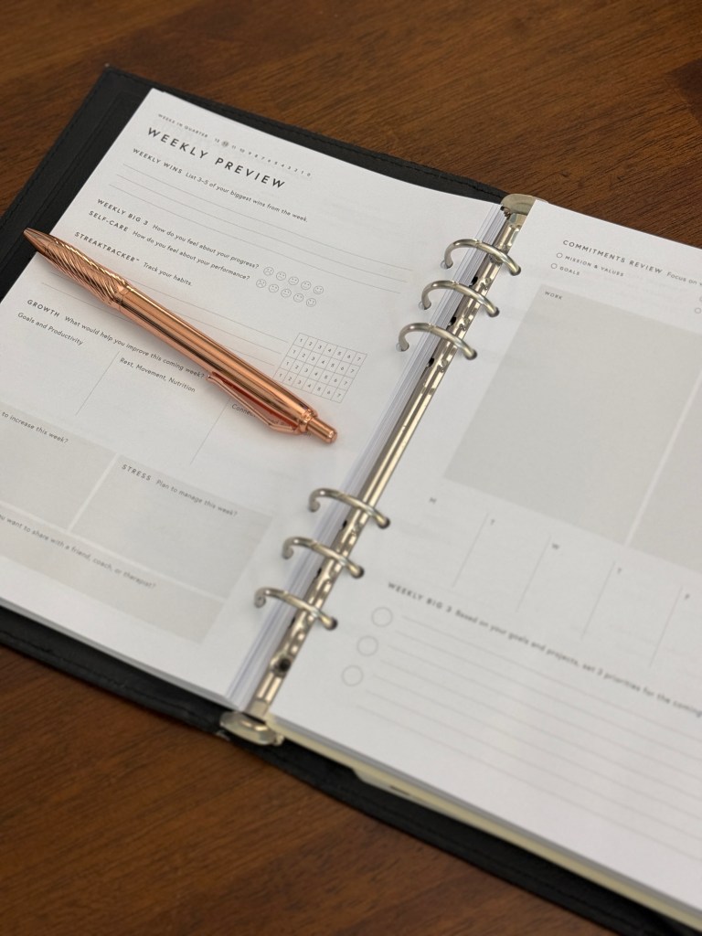 Full Focus Wellness Planner Weekly Preview page with self-care, stress, and weekly wins sections